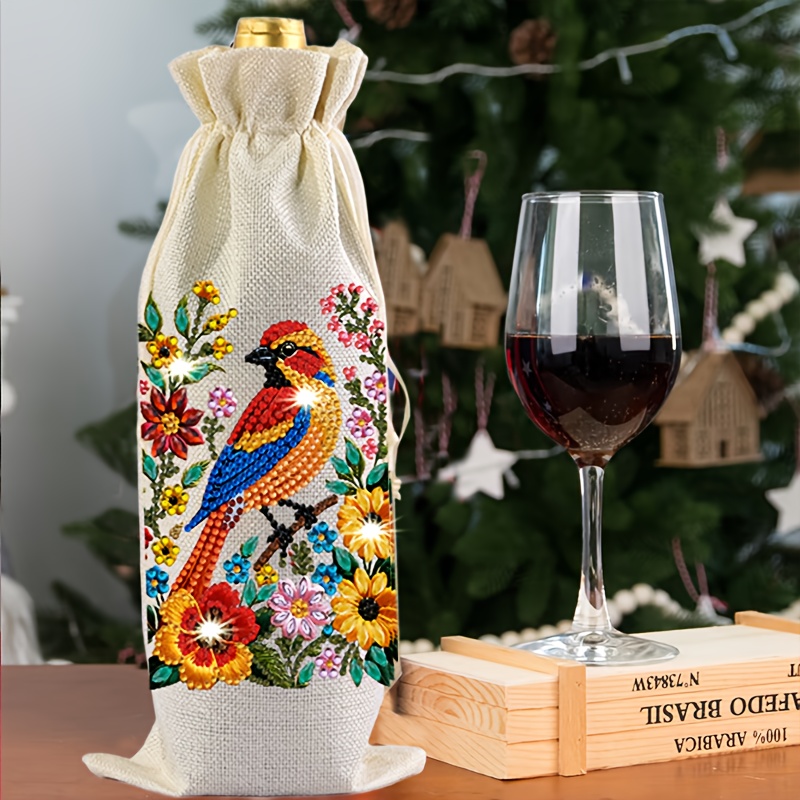 TEMU 1pc 5d Diamond Painting Wine Bag Set, Red Wine Champagne Decor Bag, Diamond Painting Craft Kit, Bird Gift For , Ideal Present For Family
