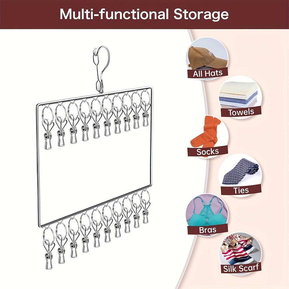 TEMU Hat Storage Rack With Windproof Hooks And Clips, Closet Stainless Steel Hat Hanger With 20 Clips, Baseball   Rack Hat Storage Rack, Closet Space