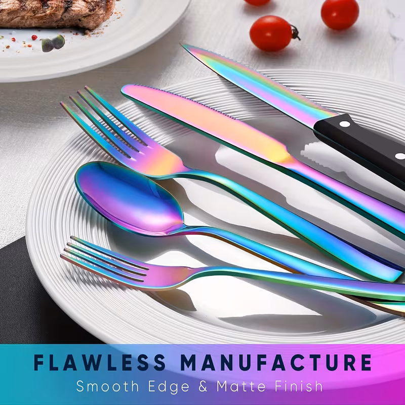 24 48pcs black stainless steel flatware set polish families hotels knives forks spoons cutlery set with gift box for 8 durable polished dishwasher safe halloween parties weddings banquets silverware set Product details 4
