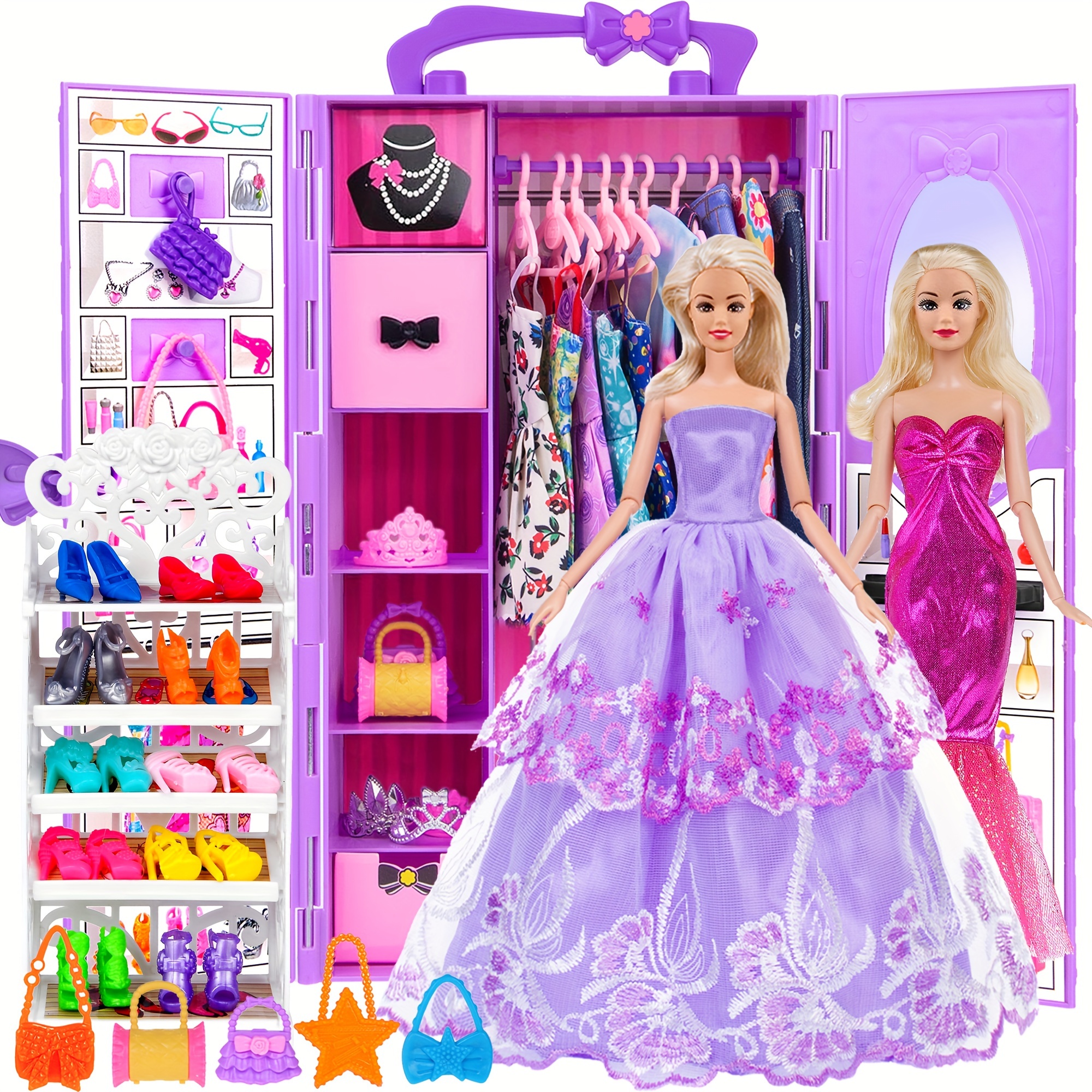 

10pcs 11.5 Inch Girl Doll Closet Wardrobe With Clothes And Accessories Including Shoes Rack, Dress, Shoes Hangers Accessoriesinclude Doll