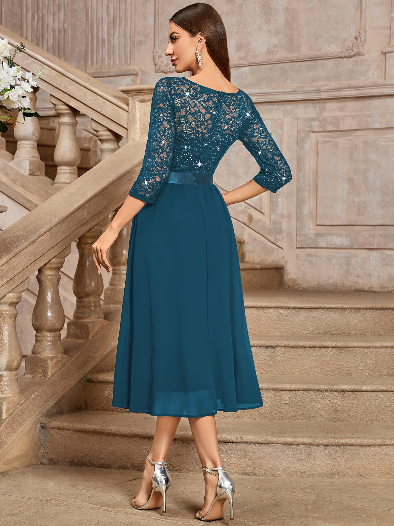 knee length dresses for ladies WOMEN'S 3/4 SLEEVE FRONT POCKET LACE CONTRAST DETAILED MIDI DRESS –  Wholesalefashiontrends.com main image 0