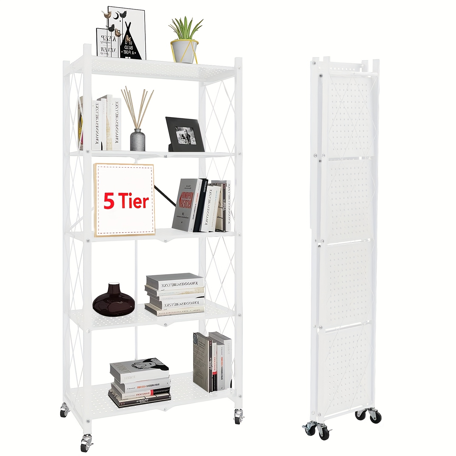 TEMU A 5-tier Folding Rack With Wheels, A Portable Rack For Storage Without , A Kitchen Organizer And Storage Solution, A Rolling Vertical Practical