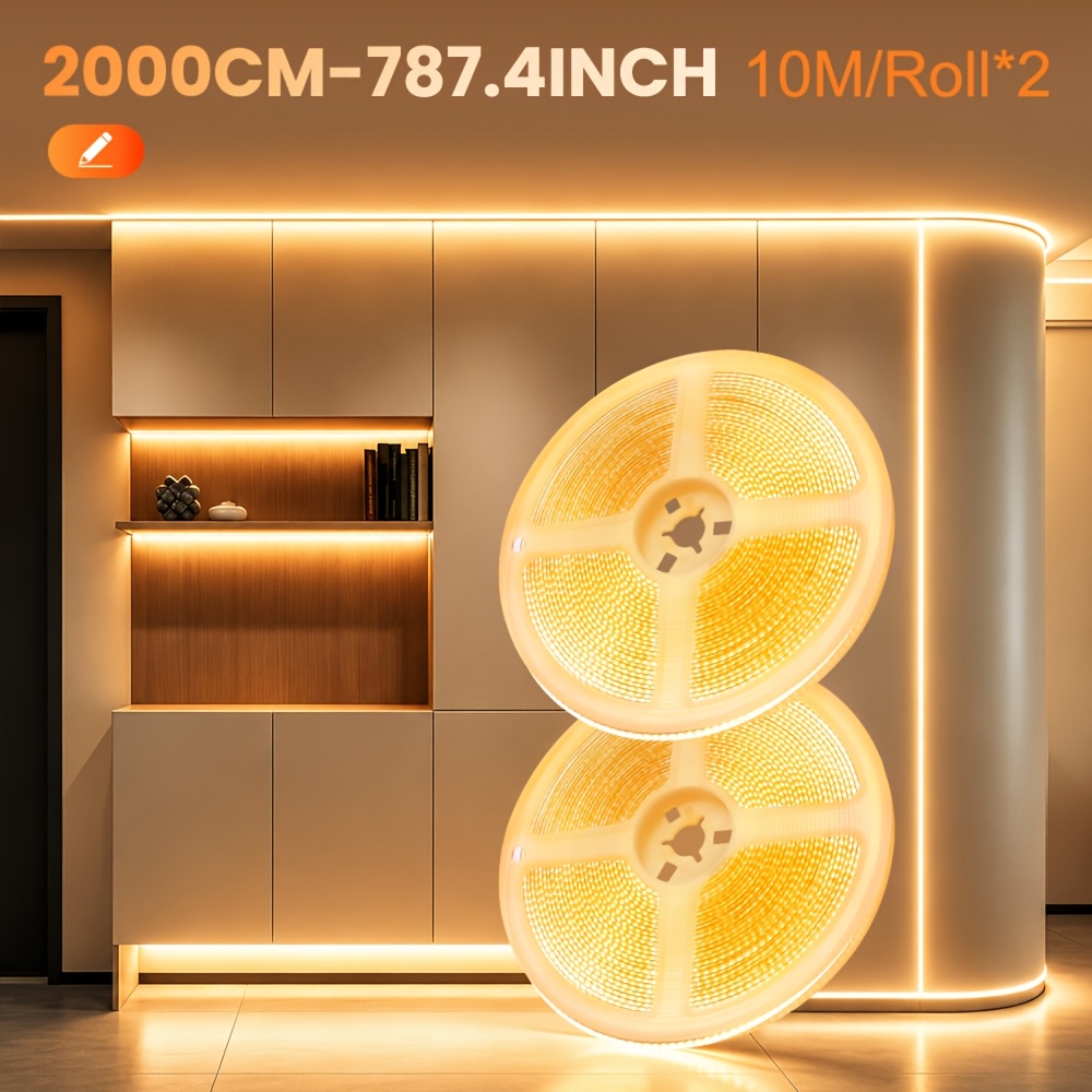 Image of Cob Led Strip Lights, Led Tape Light With Remote & App Control, Flexible Cuttable Dimmable Lighting Strip, Warm Ambient Light For Bedroom, Living Room, Kitchen, Tv Backlight Decoration 2m-20m