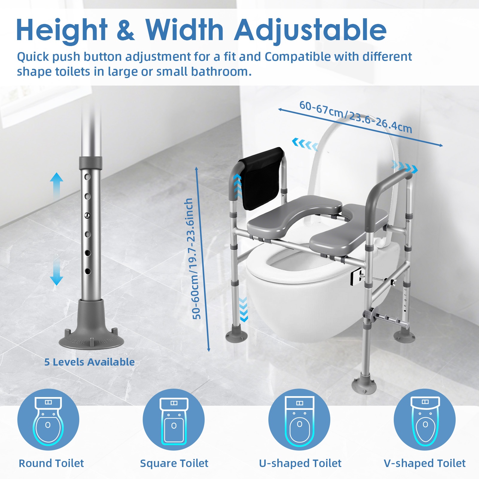 Image of 1pc Toilet Seat Chair - Height And Width Adjustable Toilet Seat Riser With Armrests And Safety Rail, For, Disabled And Pregnant Women