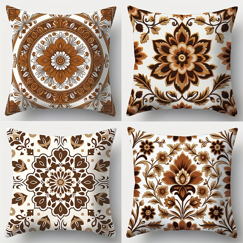 

4-piece Set Vintage Floral & Geometric Print Throw Pillow Covers, 18x18 Inch - Perfect For Living Room Sofas, Beds, And Home Decor | Zip Closure, Hand Wash Only | Polyester