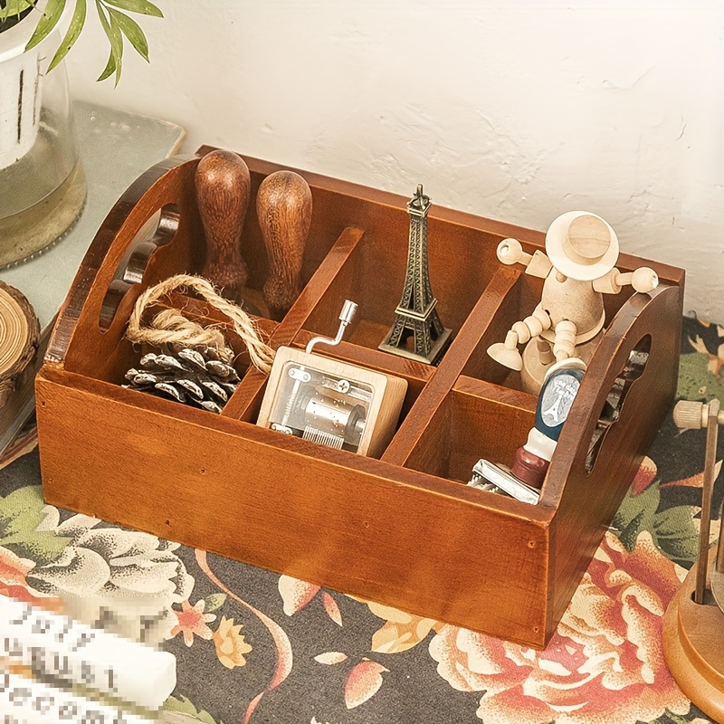 

Vintage Wooden Storage Box With 6 Compartments, Multipurpose Desk Organizer Tray For Home, Office, Bathroom, And Kitchen Supplies, Rustic Wood Craft And Sewing Storage Caddy With Handles