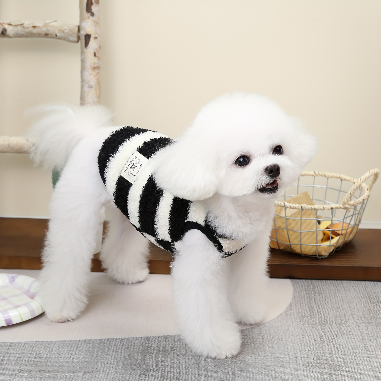 TEMU Cozy Striped Fleece Pet Vest For Small - Apparel With Leash Attachment, Ideal For Bichon & Teddy