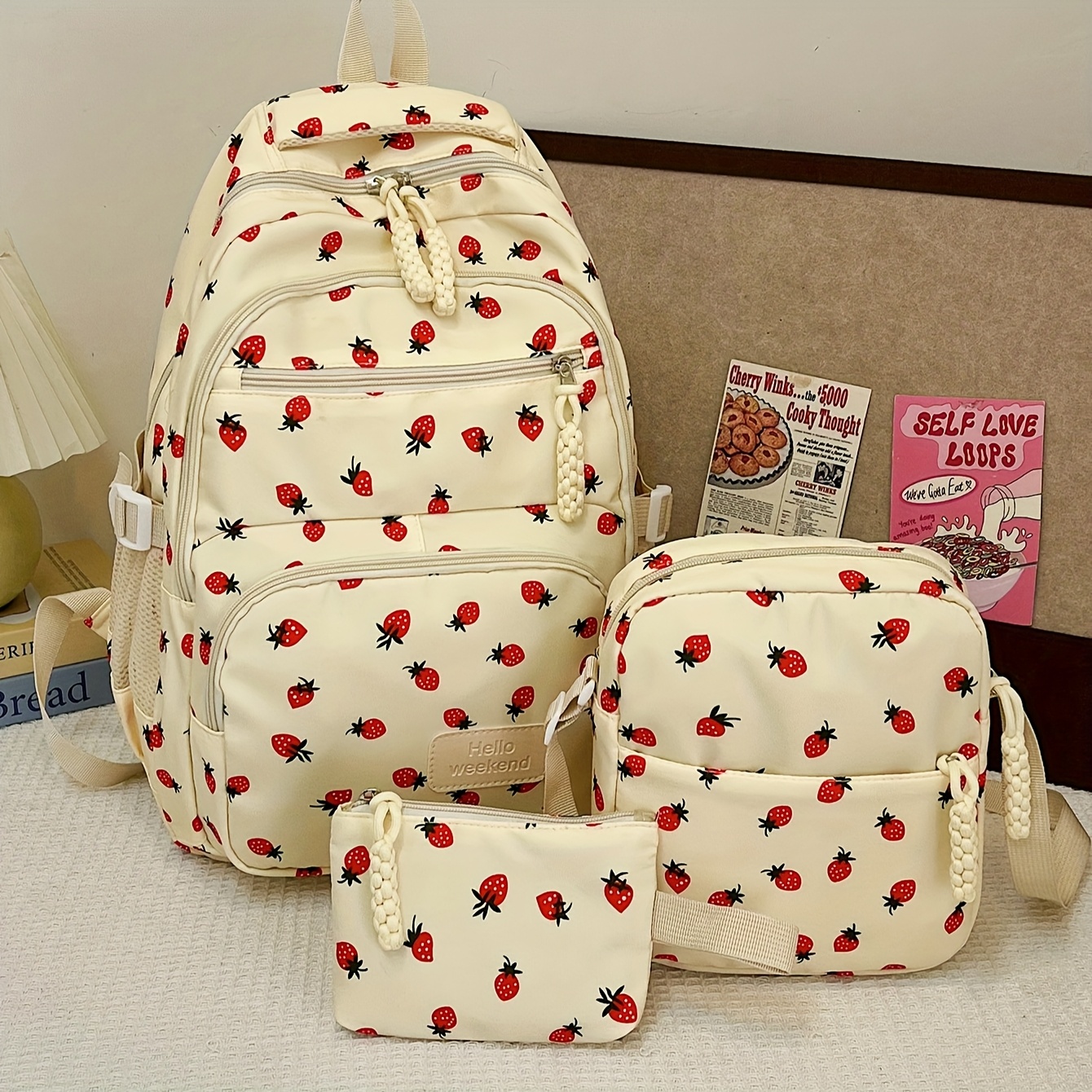 3pcs womens casual backpack set strawberry print versatile Temu