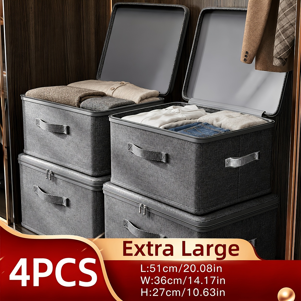 4-pack Xl Storage Boxes, Foldable Bed Sheet Organizers And Clothes Storage Bins, Fabric Containers With Dual Zippers And 2 Handles For Closet, Bedroom, Wardrobe, And Books, Under-bed Storage
