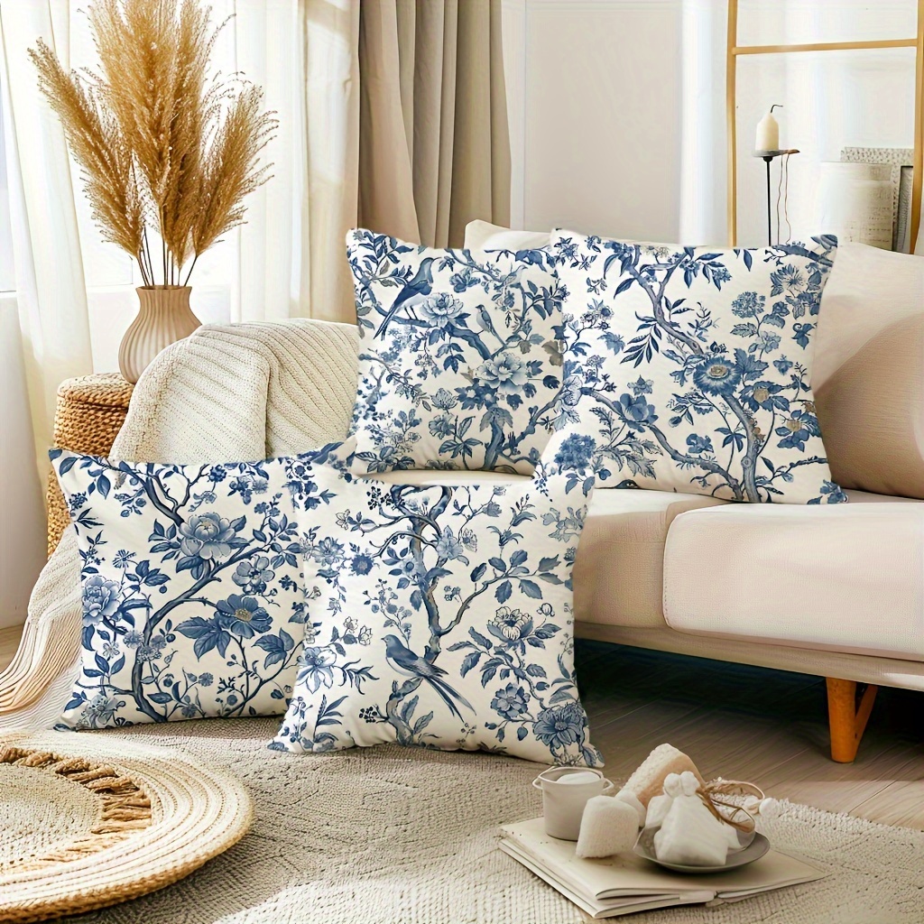 

4-piece Chinoiserie For Blue Bird & Floral Throw Pillow Covers - Rustic Country Style, Hand Washable Linen Blend With Zipper Closure, 18"x18" Decorative Cushion Cases For Home And Outdoor