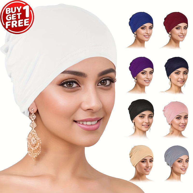 

2pcs/set Classic Undercap Solid Color Elastic Headwraps Breathable Beanies Hats Ramadan Turbans For Women