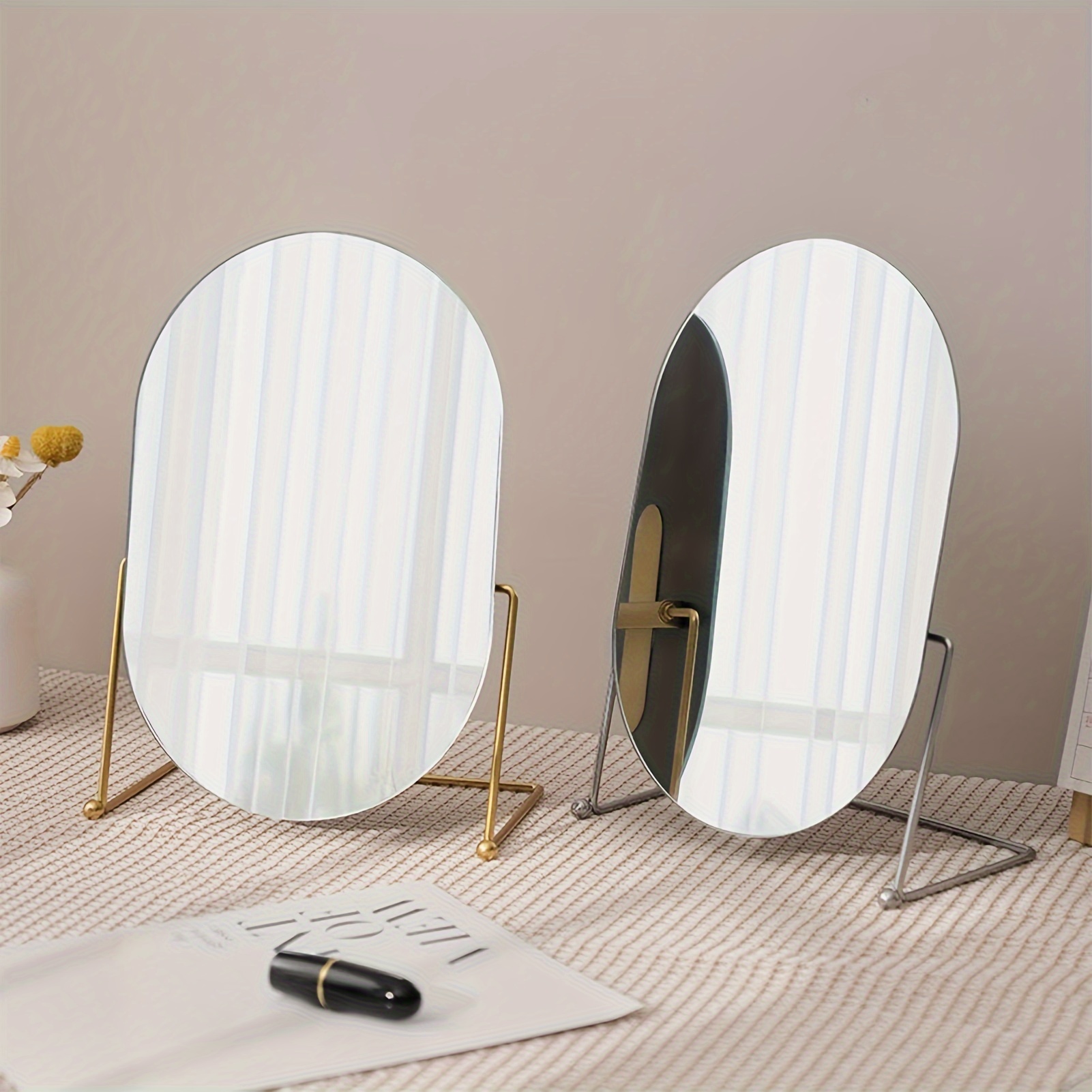 

1pc Modern Style Desktop Dressing Mirror, 360° Swivel Vanity Mirror, Standing Cosmetic Mirror, Oval Makeup Mirror For Counter, Bedroom, Bathroom, Dorm