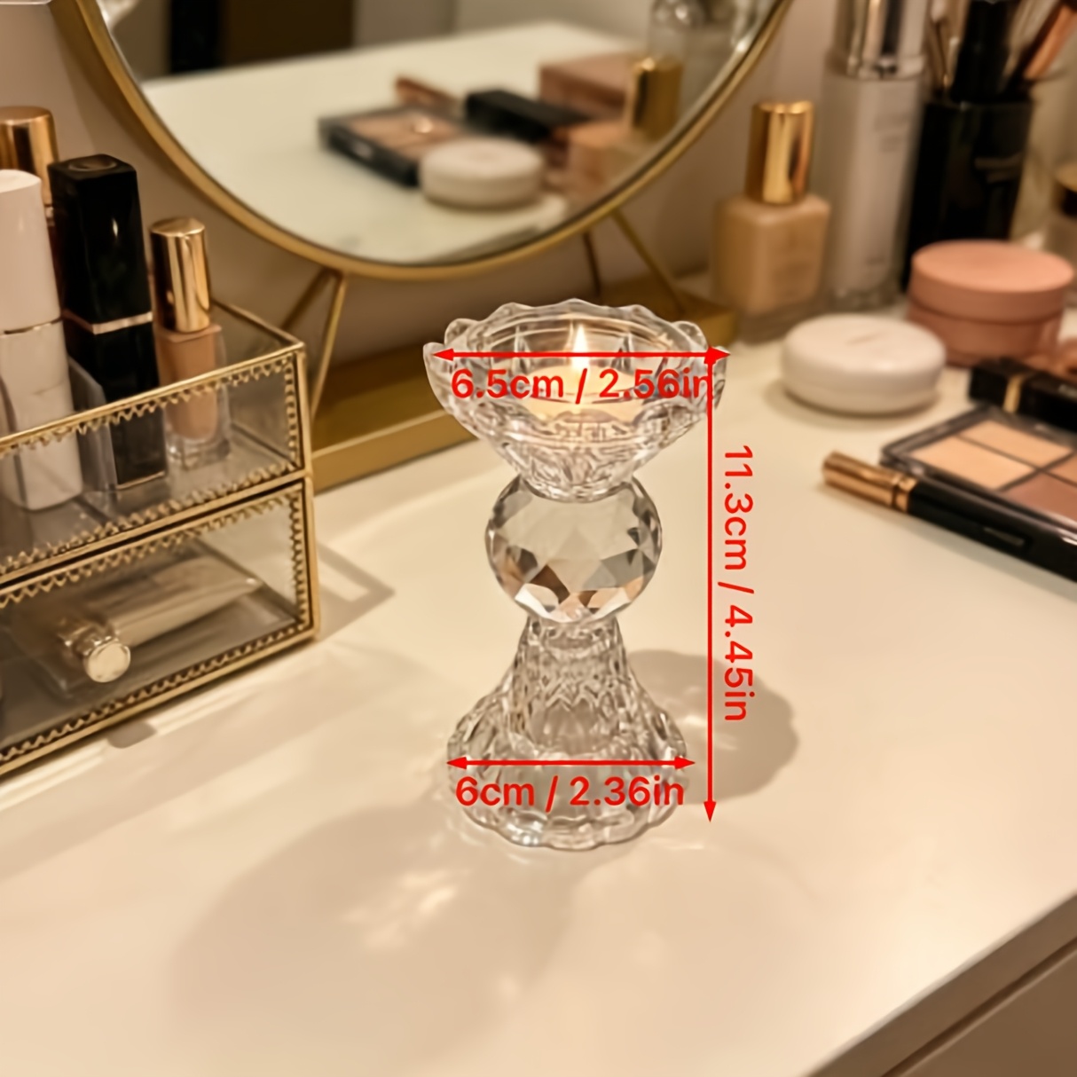 TEMU Retro Cut Flower Pattern Crystal Glass Candlestick, 3-tier Segmented Design, Transparent Relief Bowl Mouth And Crystal Ball, Floral Base, Light