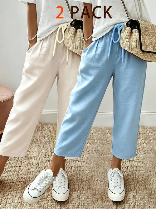 womens elegant commuter capri wide leg pants 2pcs set drawstring elastic waist casual pants with pockets 2pcs set