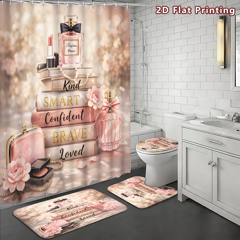 4pcs 2D Flat Beauty Shower Curtain Set with U-Shaped Toilet Lid Cover