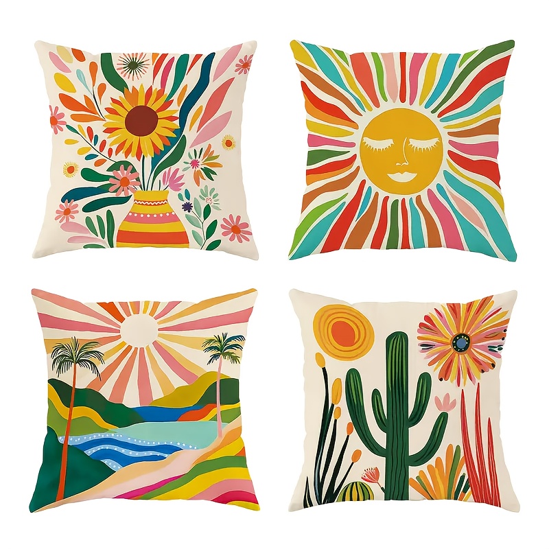 TEMU 4pcs Housse de coussin Bohème Florale Coucher Cactus - Polyester , lavable en machine, fermeture à glissière, designs abstraits colorés pour