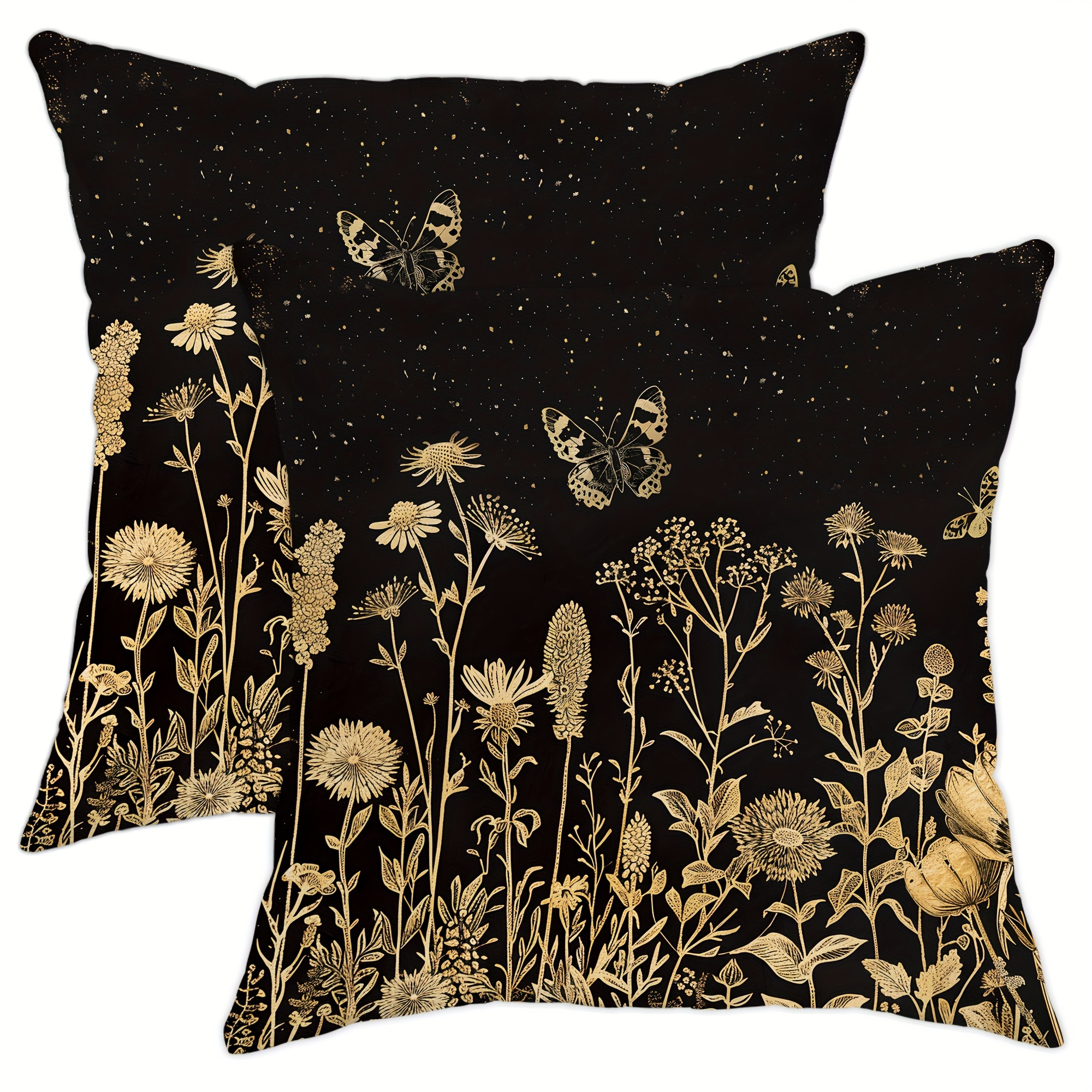 

2pcs, Velvet Throw Pillow Covers, Country Rustic Floral Butterfly Black Gold Throw Pillow Covers 18*18inch, For Living Room Bedroom Sofa Bed Decoration