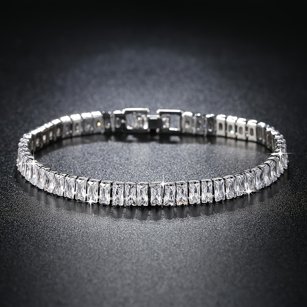 TEMU Charming Rectangle Synthetic Zirconia For Women Luxury Bracelets Men's Hand Chain, Elegant Hip-hop Style, Ideal For Daily Wear & Gifting On