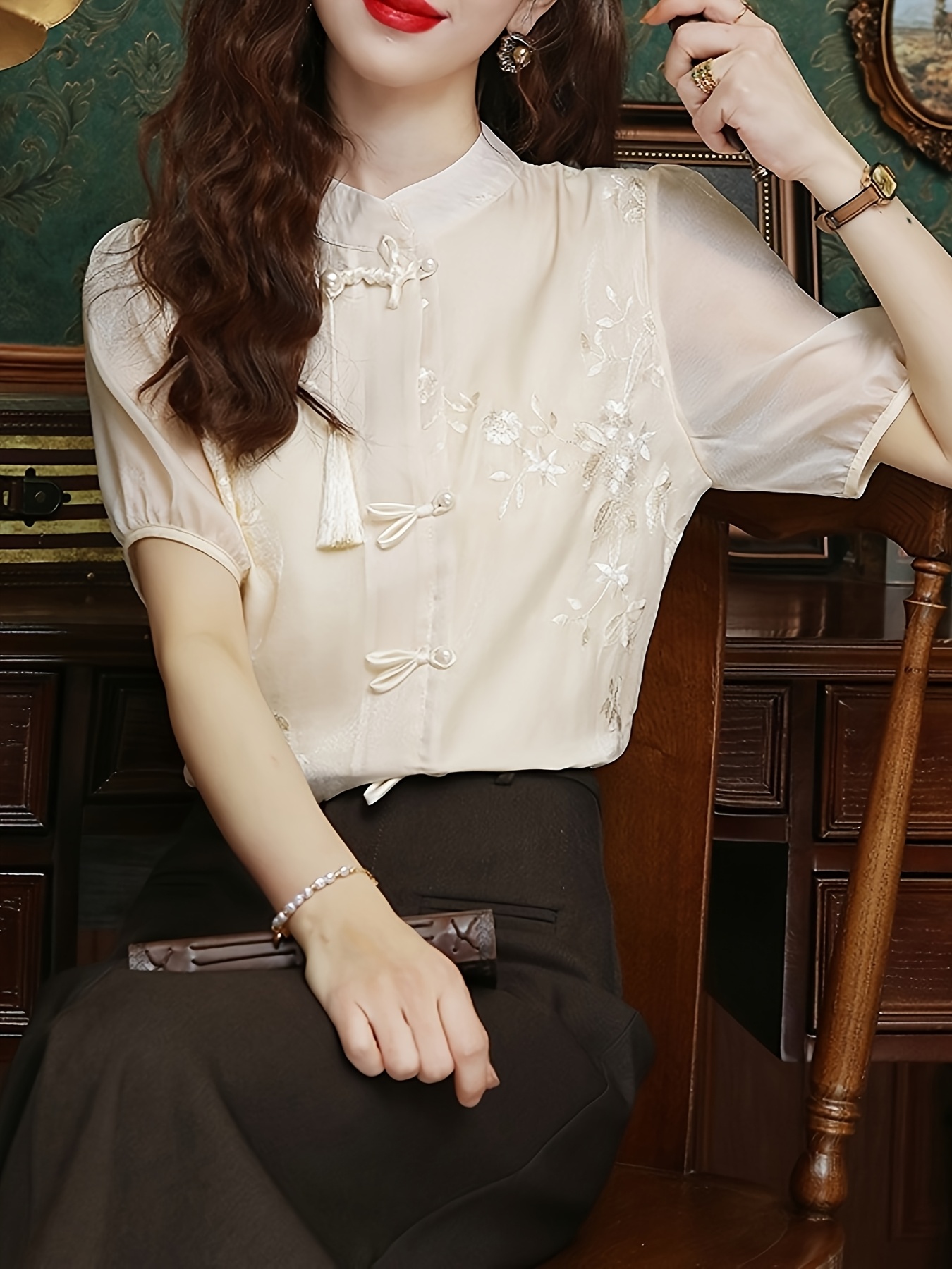 blusa gasa estilo chino manga corta mujer nudo Temu El Salvador