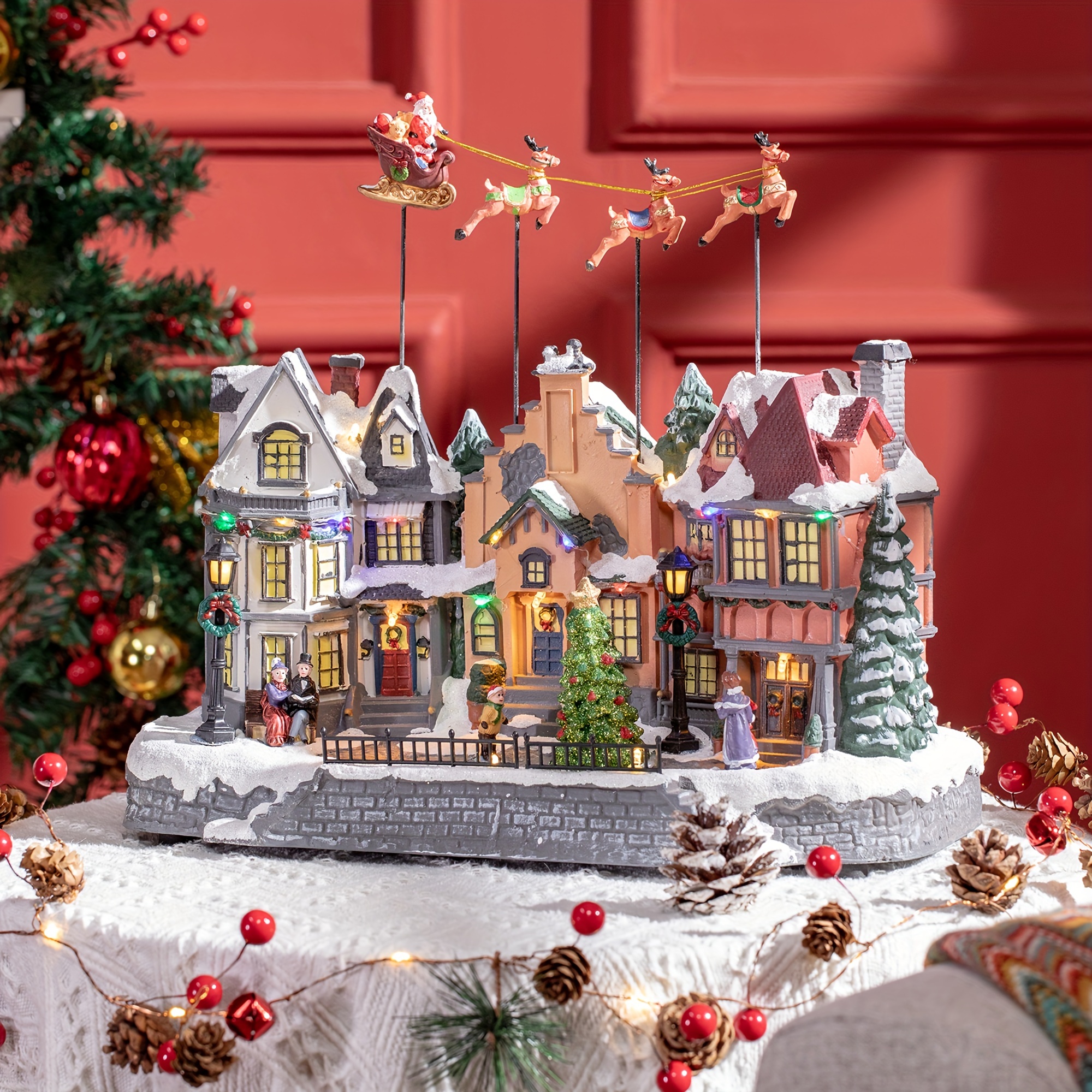 

Homcom Christmas Village With Multicolored Led Light Battery Operated Animated Santa On The Sleigh With Deer Decoration