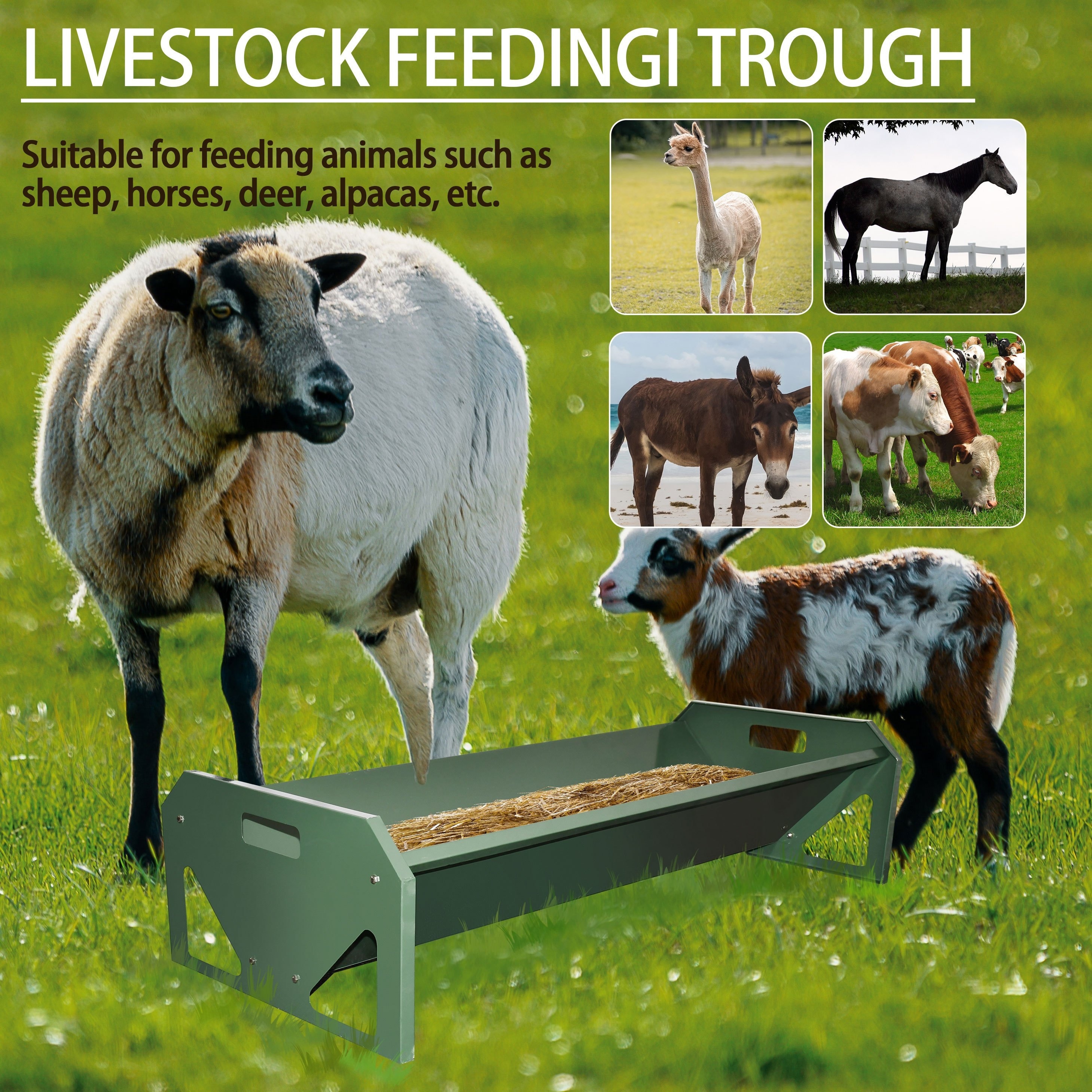 

45" Long Galvanized Steel Large Capacity Livestock Feeding Trough - Livestock Feeding & Watering Supplies - Heavy-duty, Easy To Clean, , And Feeder For Calves, Sheep, Horses, , And Goats - Green Color