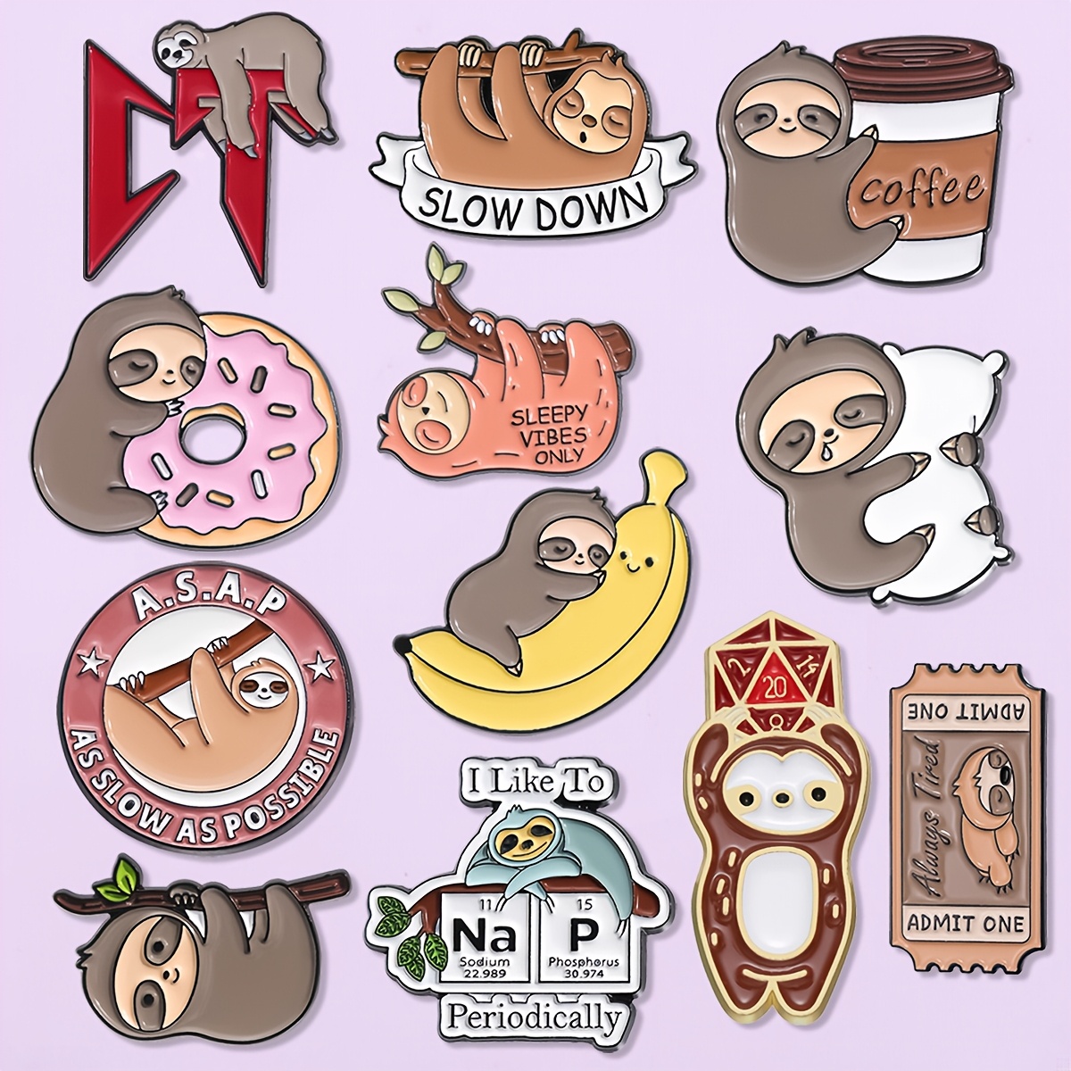 

12pcs Sloth Enamel Pin Set - Cute Cartoon Animal Brooches For Hats & Backpacks, Perfect Gift