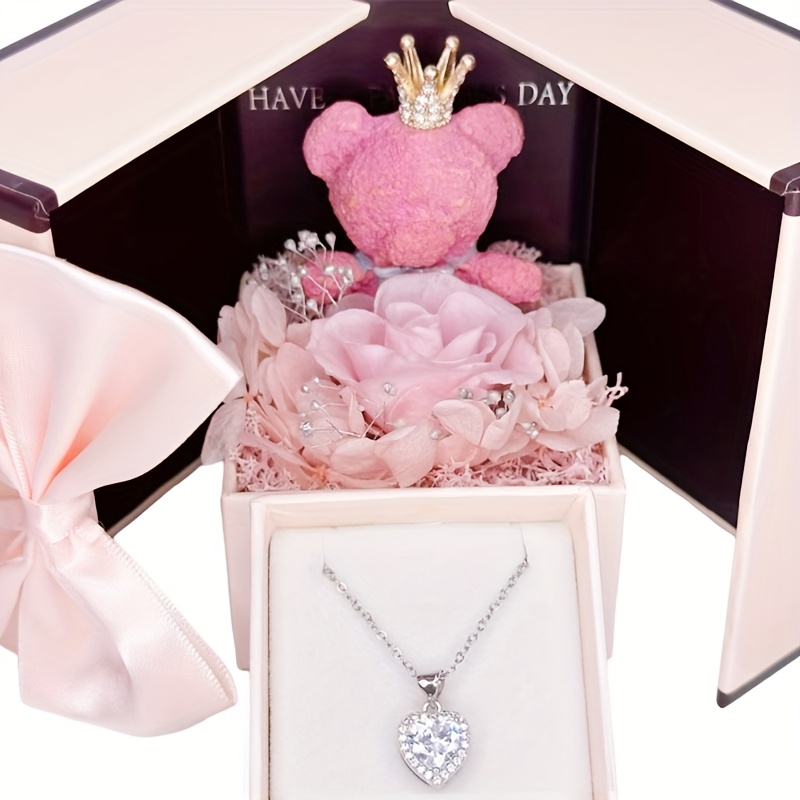 

Creative Rose Bear Gift Box Heart-shaped Pendant Necklace Birthday Gift Girl Best Friend Girlfriend Family Mother Holiday Gift Thanksgiving Halloween Christmas Valentine's Day Gift