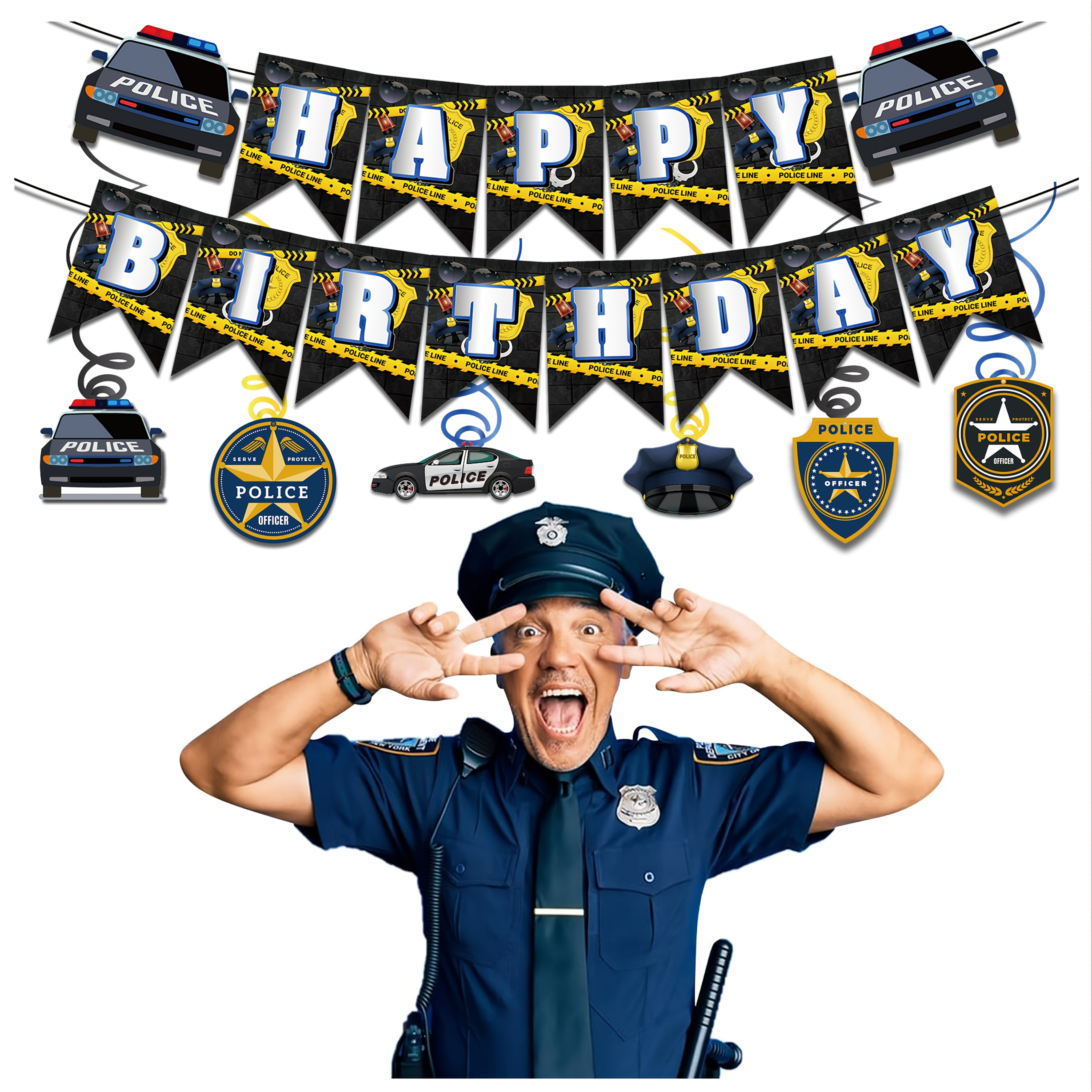 Image of Law Themed Birthday Banner, Party Decoration Banner, Featuring Hanging Swirl Decorations With Elements Like Cars, Hats, Badges, Etc., Suitable For Birthday Parties And Themed Celebrations