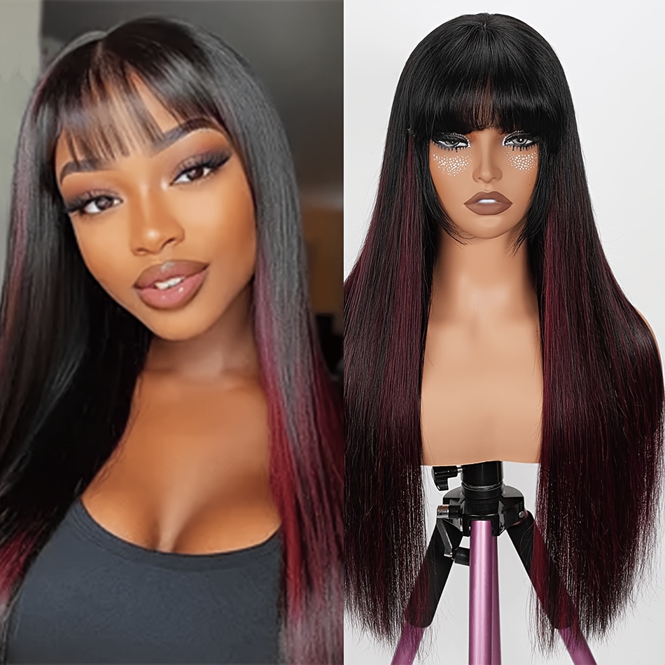Image of 180% Density Straight Human Hair Wig With Bangs 1b/99j Long Human Hair Wigs Full Machine Human Hair Wig Glueless Human Hair Wig For Women