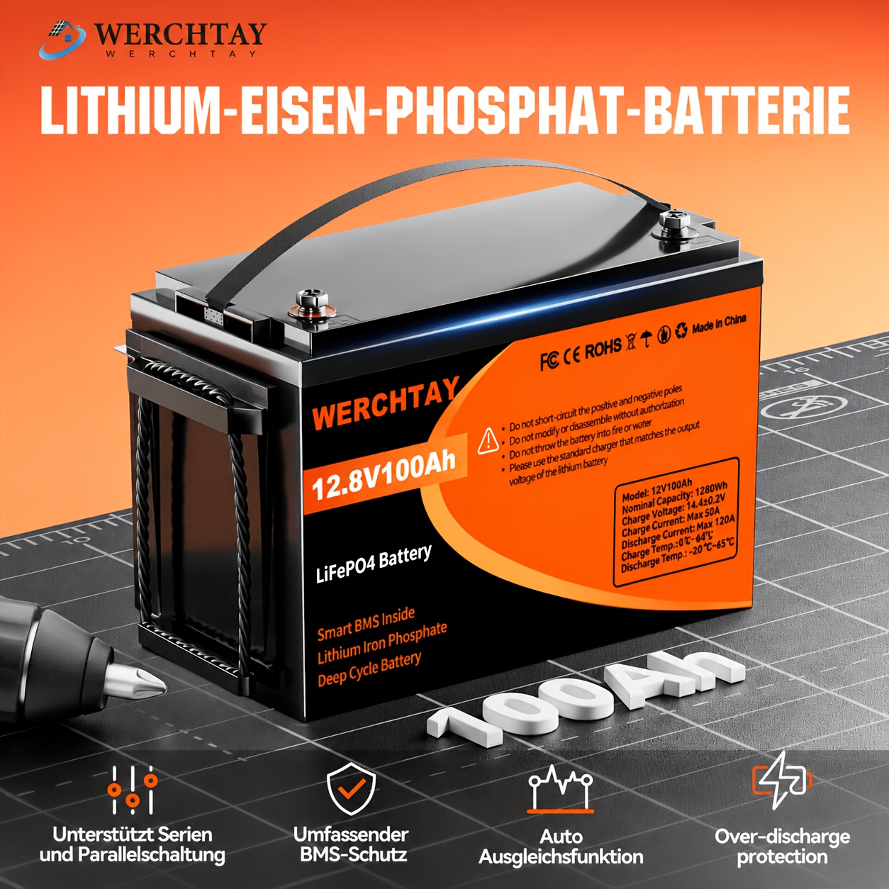 TEMU Batterie WERCHTAY 12,8V 100/200/300Ah LiFePO4 1280/2560/3840Wh au lithium avec BMS intelligent intégré, jusqu'à 25 000 cycles, énergétique