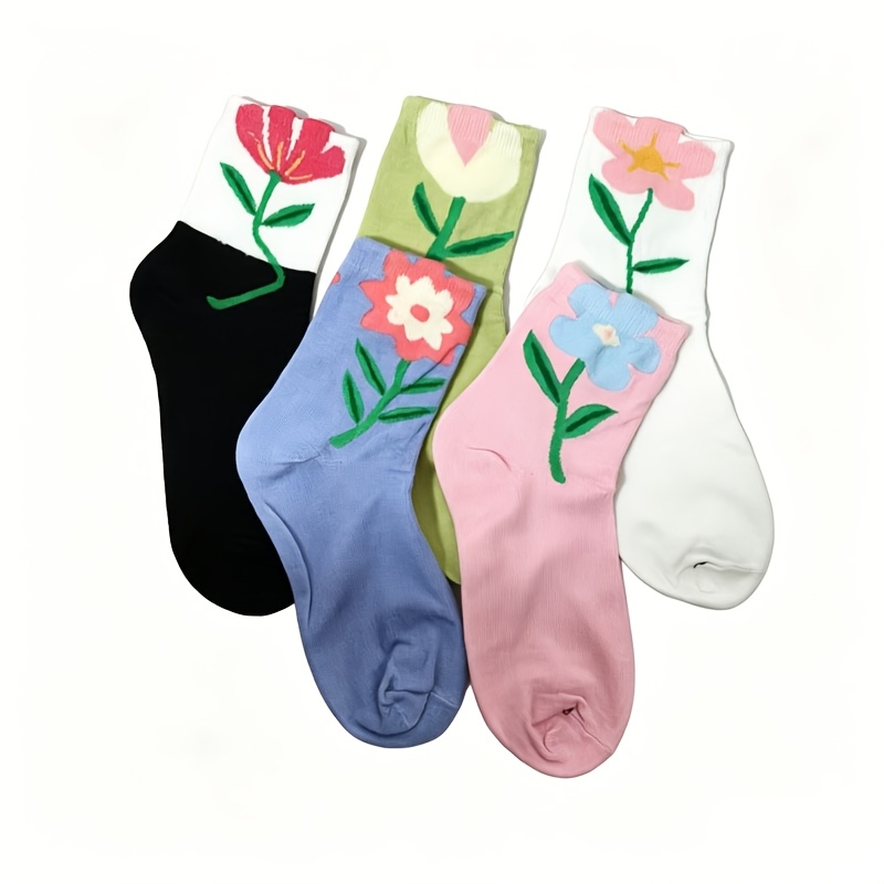 E-shop 5 Paar Damen Socken, Cartoon Blumenmuster, Bonbonfarben, Mid-Length Socken, Atmungsaktive Lässige Kurze Socken