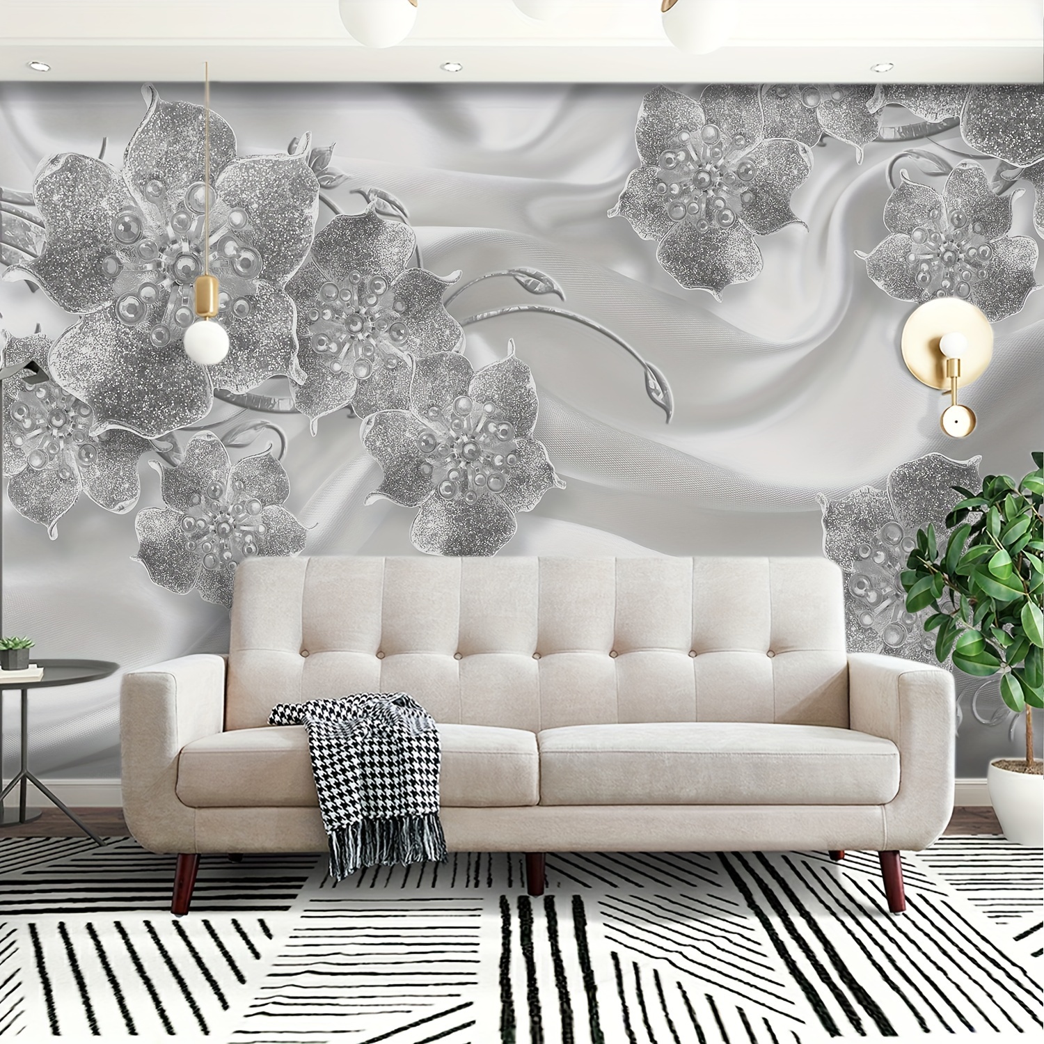

Silver Floral 3d Wall Mural Wallpaper, Contemporary Pre-pasted Pvc Murals For Living Room Bedroom Decor, Semi-glossy Flower Pattern Art Wallpapers With Ripples, Single Use, Various Sizes