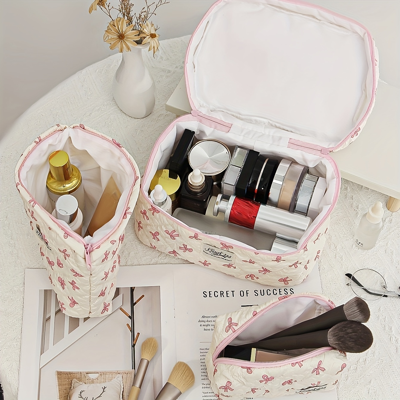 floral quilted makeup bag set cute cartoon design large Temu New