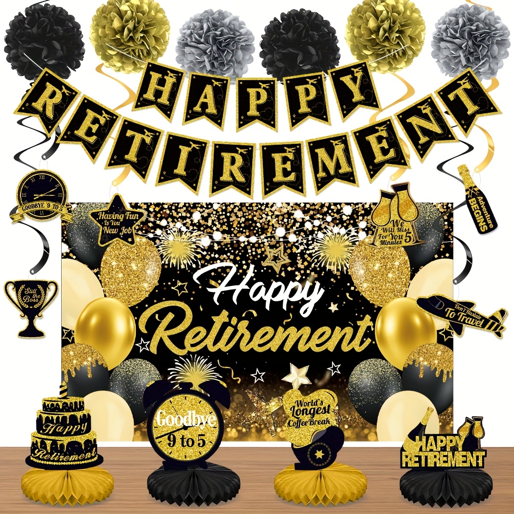retirement party supplies kit happy retirement banner backdrop centrepieces paper pom poms retirement party hanging swirls   retirement party decorations colleague gifts for men and women