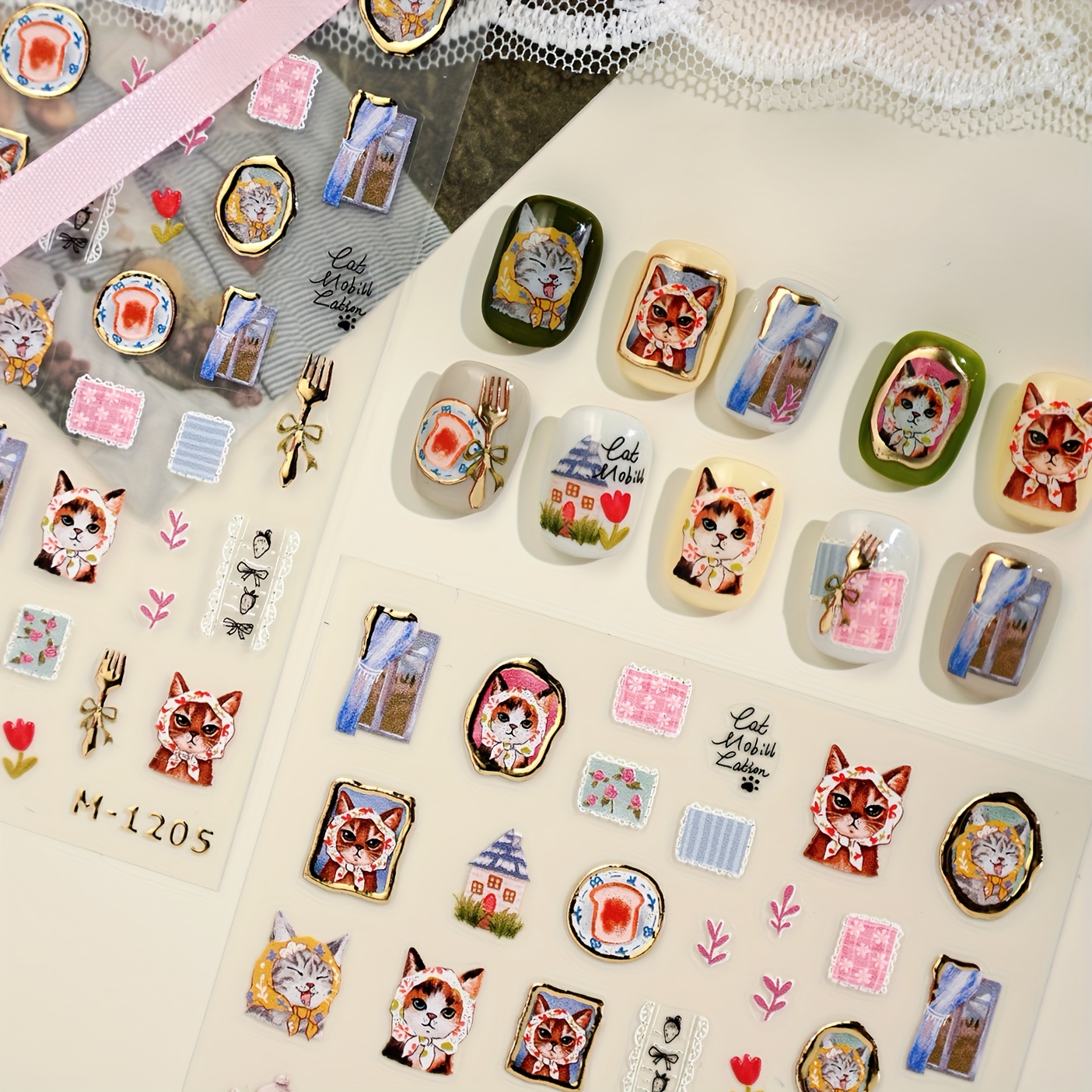 Image of Summer 1pc 3d Vintage-cat Nail Stickers, Self-adhesive, Cartoon -cat And Golden For A Manicure, Decor For Women And, Perfect For Nails And Gifting