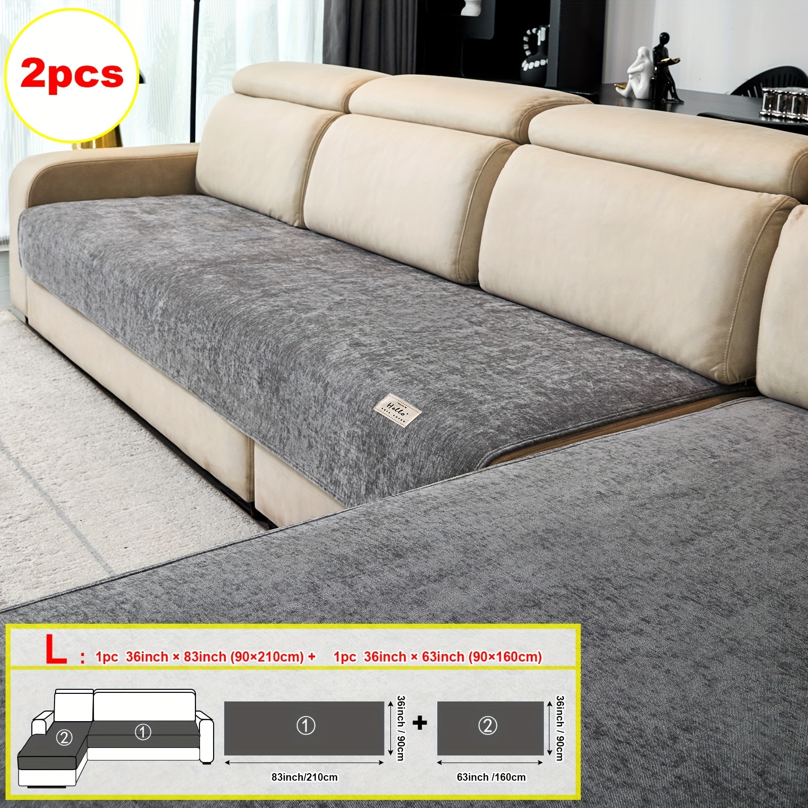 E-shop 2-teiliges Chenille L-förmige Sofakissen-Set 90x210cm + 90x160cm Kombi-Hülle, Europäischer Stil Einfarbiger Sofaüberzug 90x180cm + 90x160cm