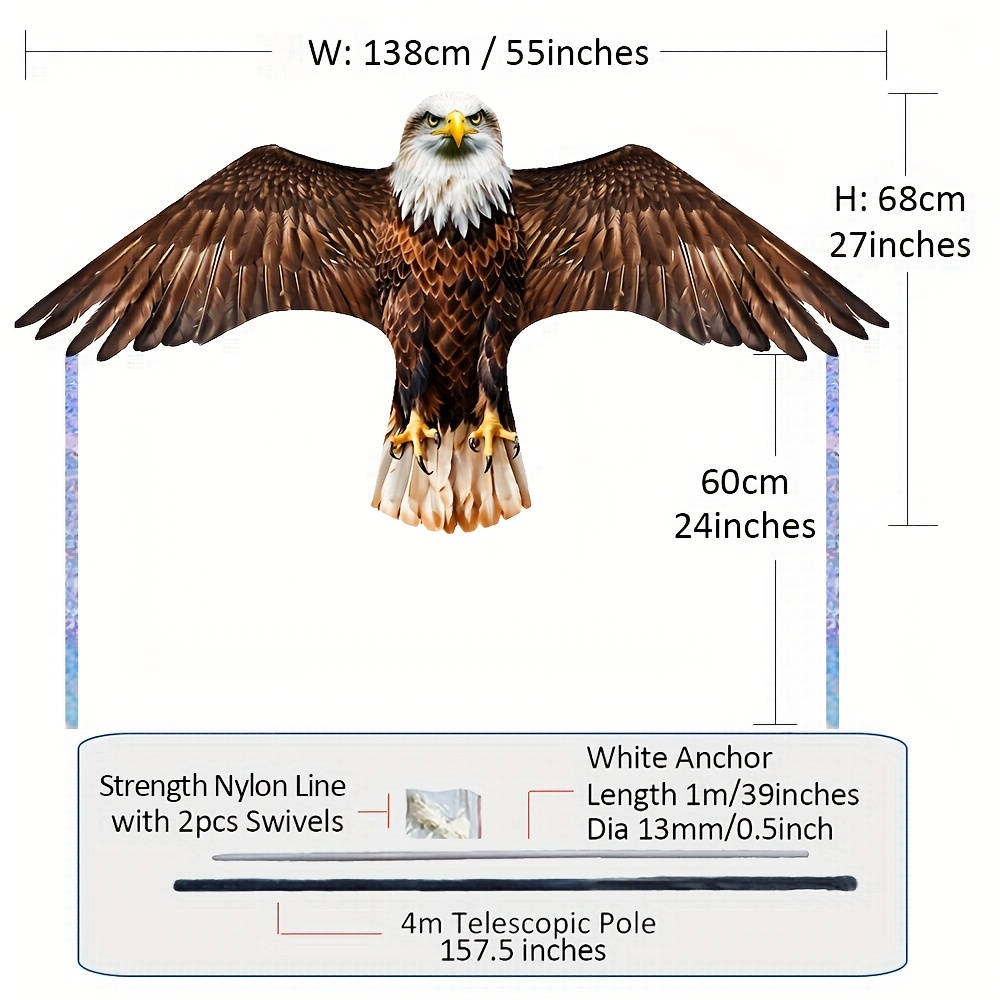 TEMU Nieuw! Realistische Eagle Kite Met Uittrekbare Stang - Vogelverdelger Voor Tuinen, Boerderijen, Gewassen, Vennen - Geen Batterijen Nodig,