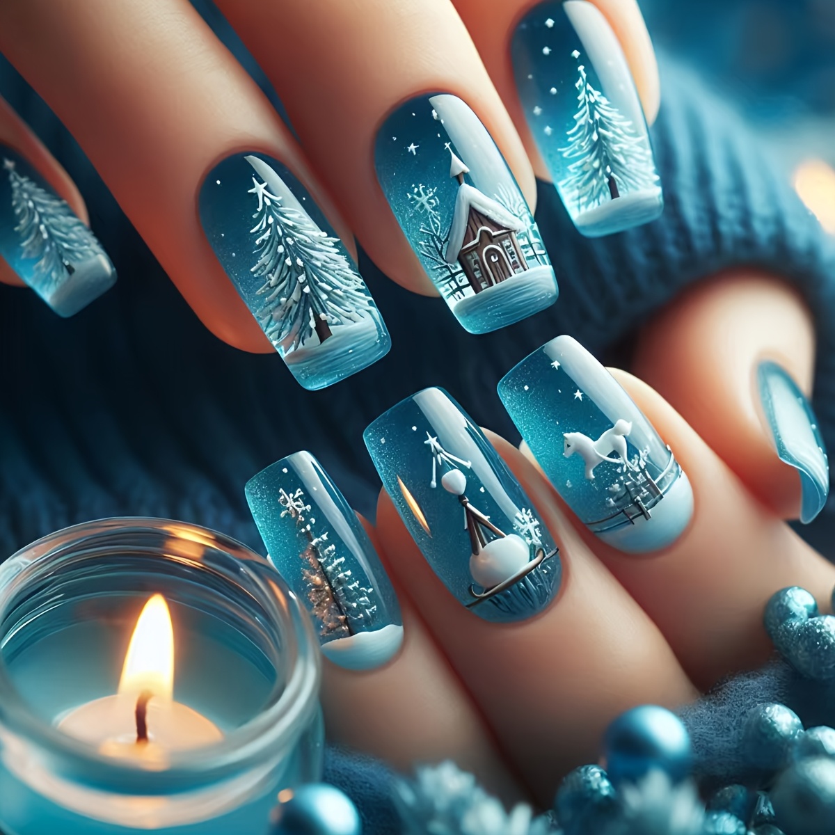 TEMU Christmas 24pcs Mid-length Glossy Effect Christmas Pine Tree Fake Nails Sky Art Removable Fake Nail Sheets Christmas Nail Stickers Convenient