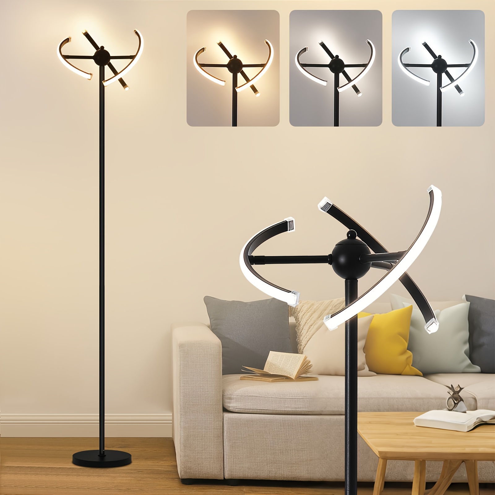 Image of 63" Modern Rotatable Floor Lamp With 3 Light Strips, Dimmable And 3 Color Temperature Led Reading Floor Lamps, Memory Function Corner Standing Lamp Suitable For Office, Living Room, Bedroom