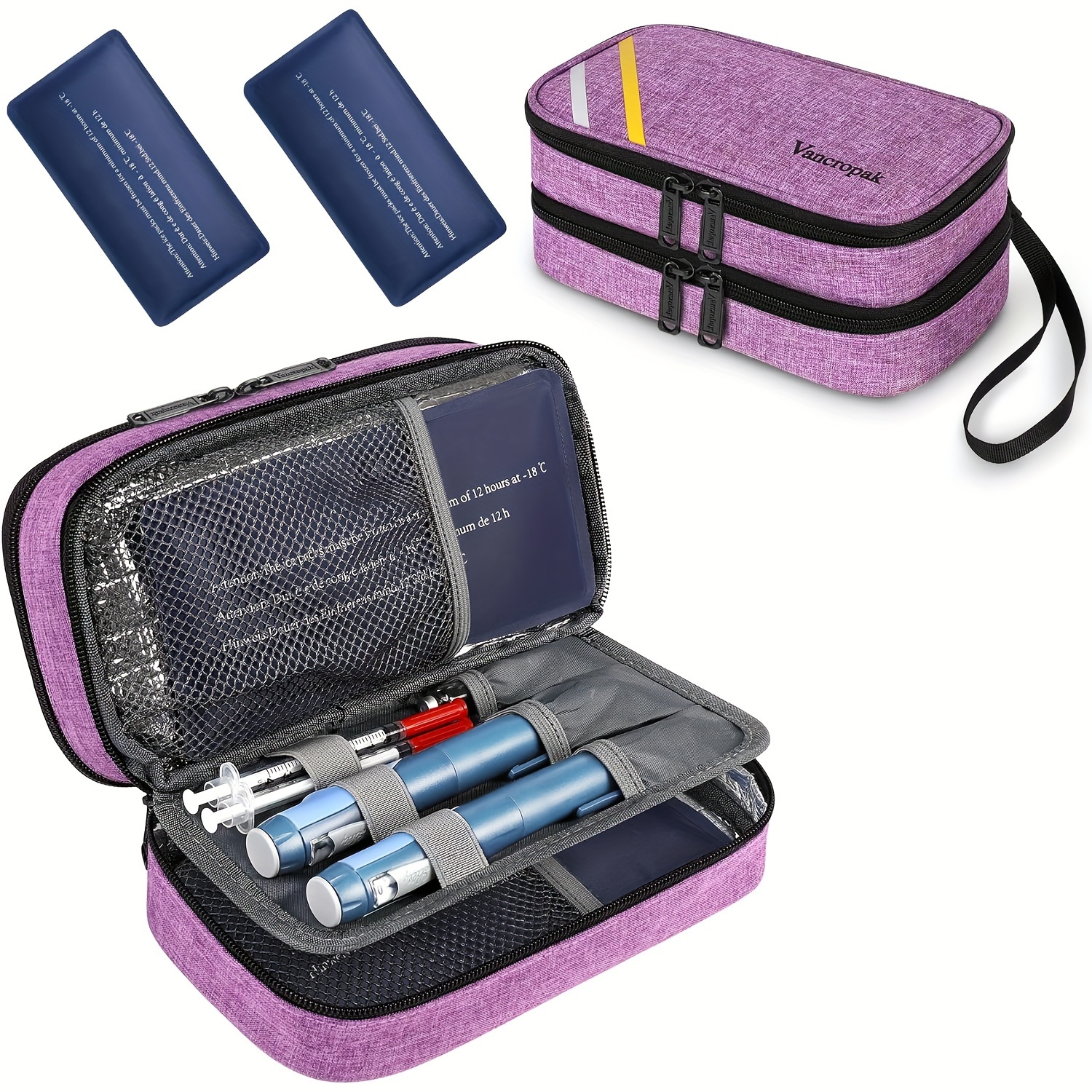 

Vancropak Diabetes Travel Case: Dual-layer Insulin Cooler With 2 Ice Packs, Medication Storage, And Insulin Pen & Meter Holder - Purple