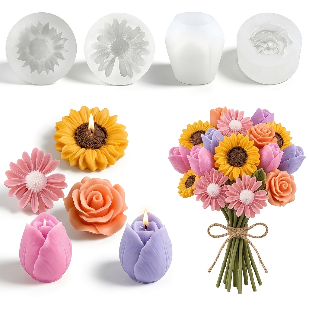 TEMU 4pcs Flower Silicone Candle Molds Set Rose, Tulip, Daisy, Sunflower, 3d Candle Mold Flower Shapes Moldes De Rosas Silicona Para Velas For Diy