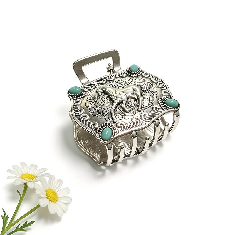 TEMU Vintage Western-style Carved Hair Claw Clip - Bull, Mustang, Lion Turquoise Hair Grab - Animal Head Pattern Antique Silvery Metal Hair Clip -