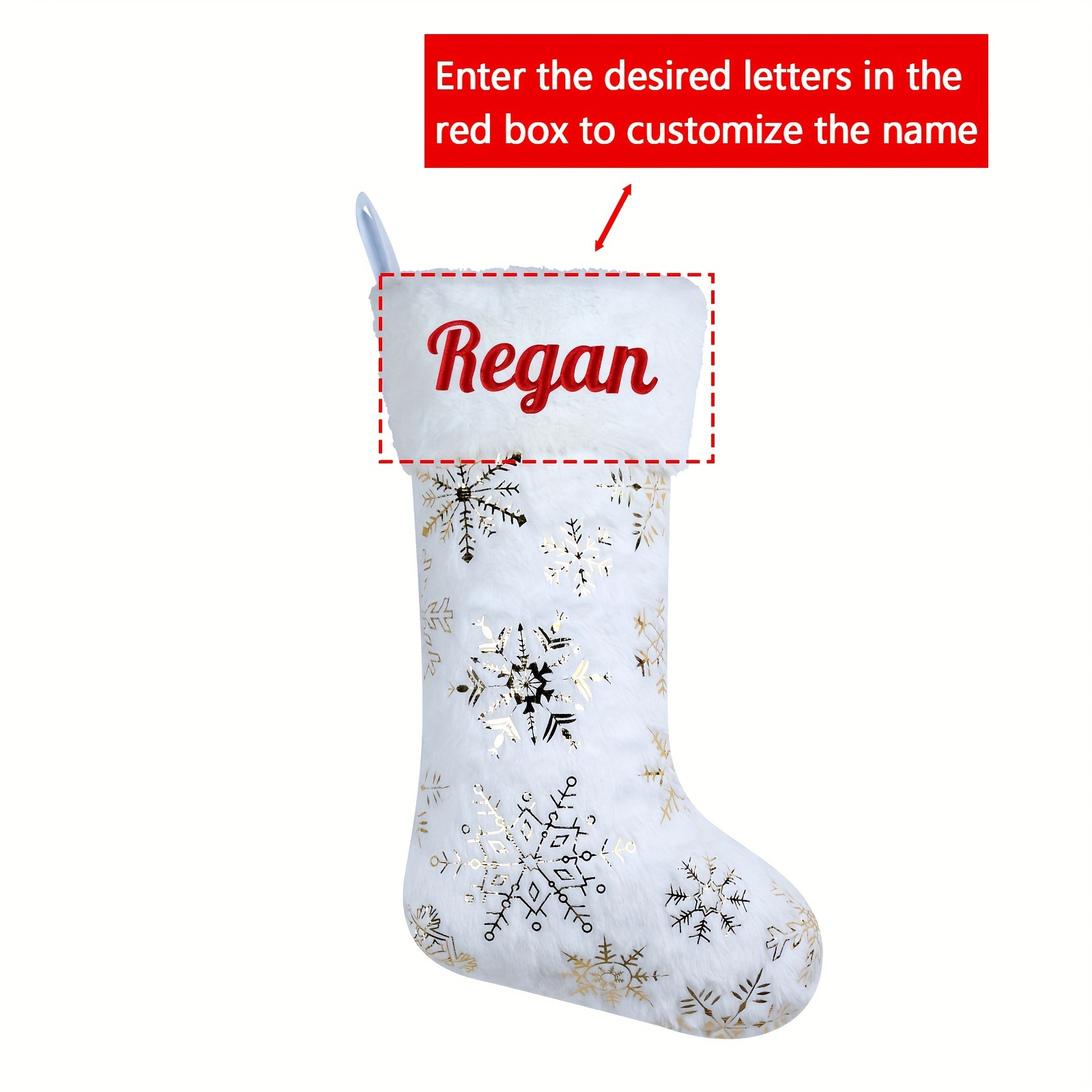 TEMU Exquisite Personalized Christmas Stockings: 18" White Fur With Name And Sparkling Snowflakes - Christmas Decor