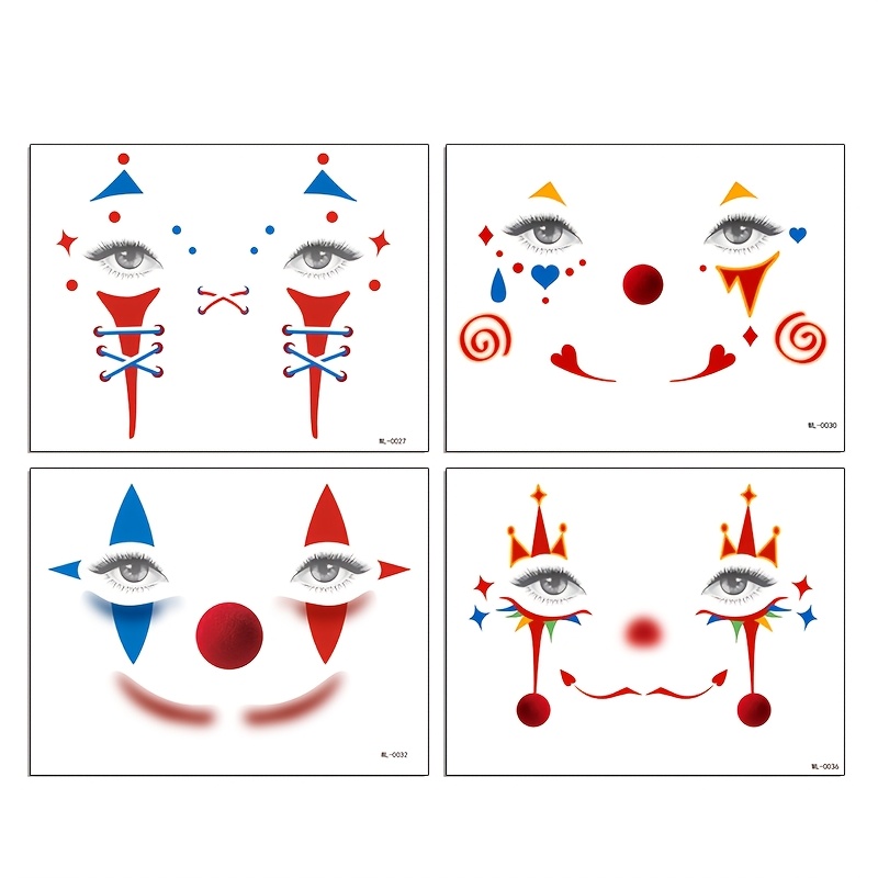 TEMU 4 Fogli Tatuaggi Temporanei Trucco Clown Impermeabili con Motivi a Cuore e a per Halloween, Carnevale, Cosplay, Adesivi Decorativi per il