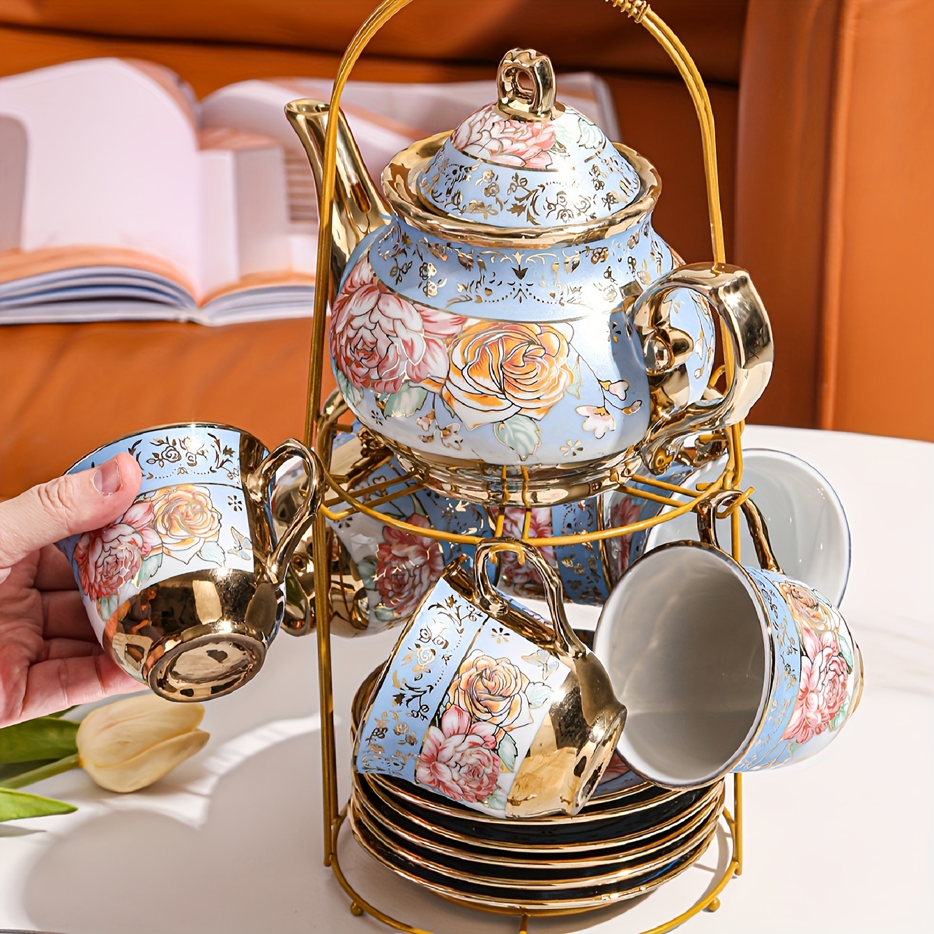 elegant floral ceramic tea set teapot cups floral ceramic - Temu