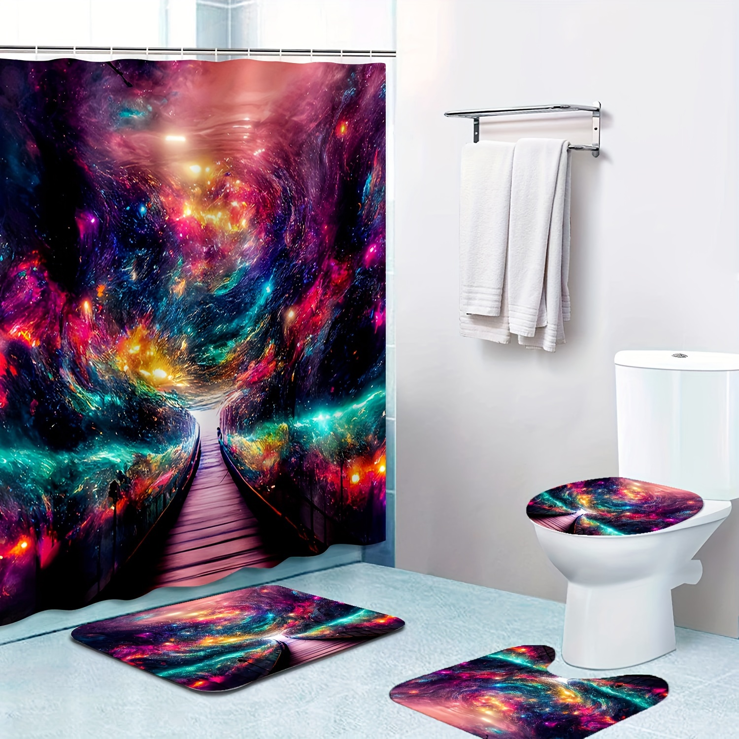 

1/4pcs Galaxy Pattern Shower Curtain Set, Waterproof Shower Curtain With 12 Hooks, Non-slip Bathroom Rug, Toilet U-shape Mat, Toilet Lid Cover Pad, Bathroom Decor