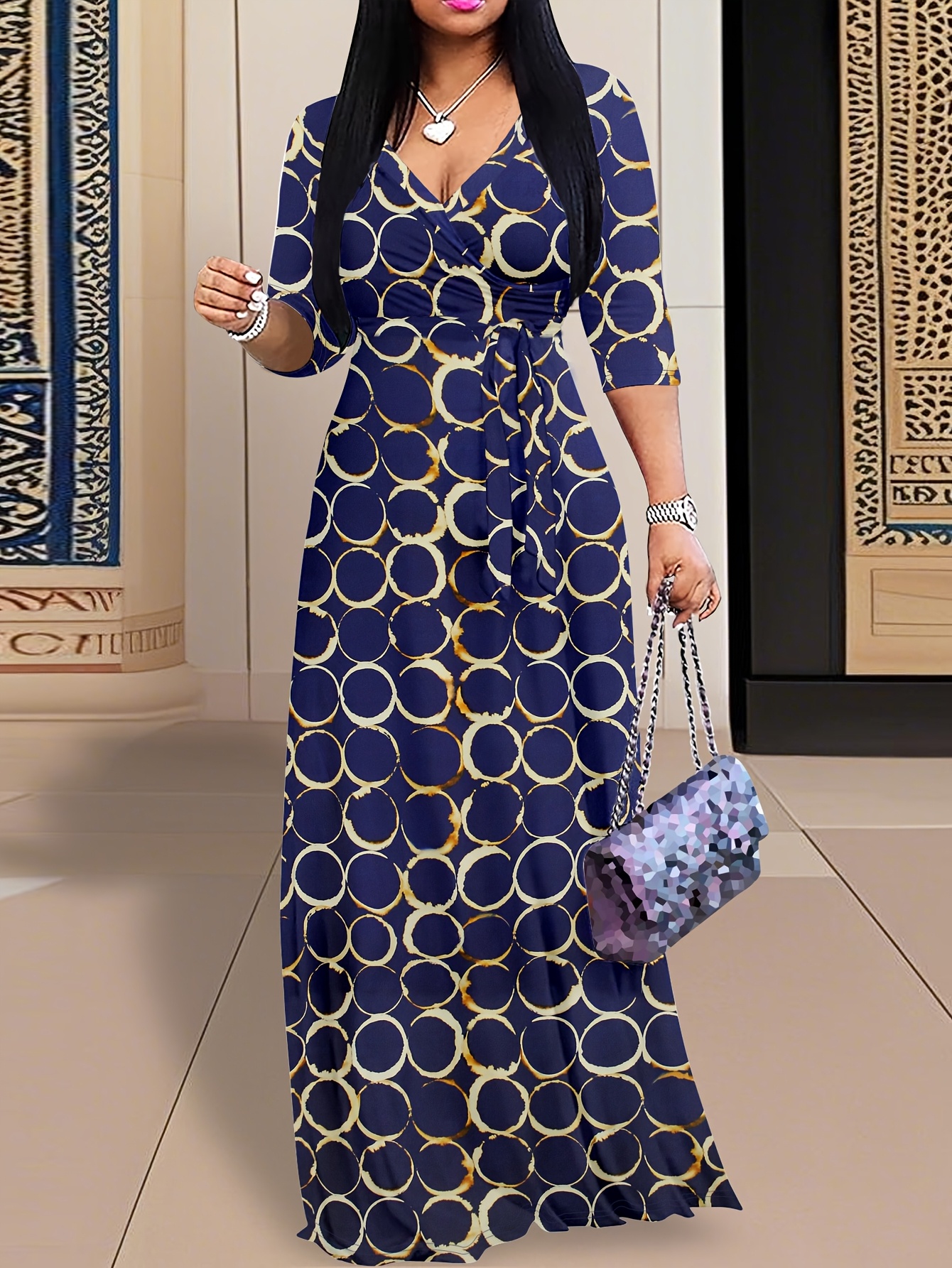 damesmode navy blauw v hals maxi jurk met gouden Temu Belgium