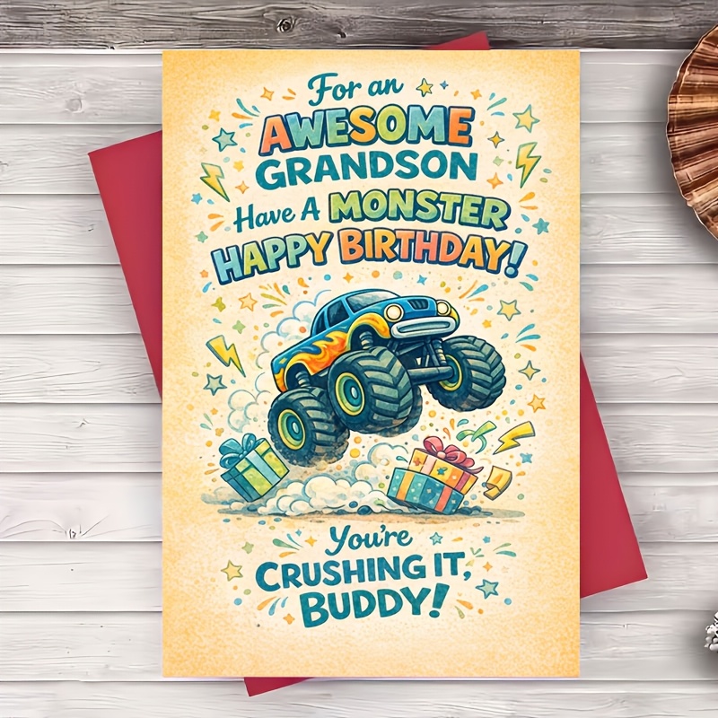 TEMU Carte de vœux 1 pièce Camion pour anniversaire de petit-fils, design amusant et pour famille, amis, cadeau, fête, , carte à plat non 3D
