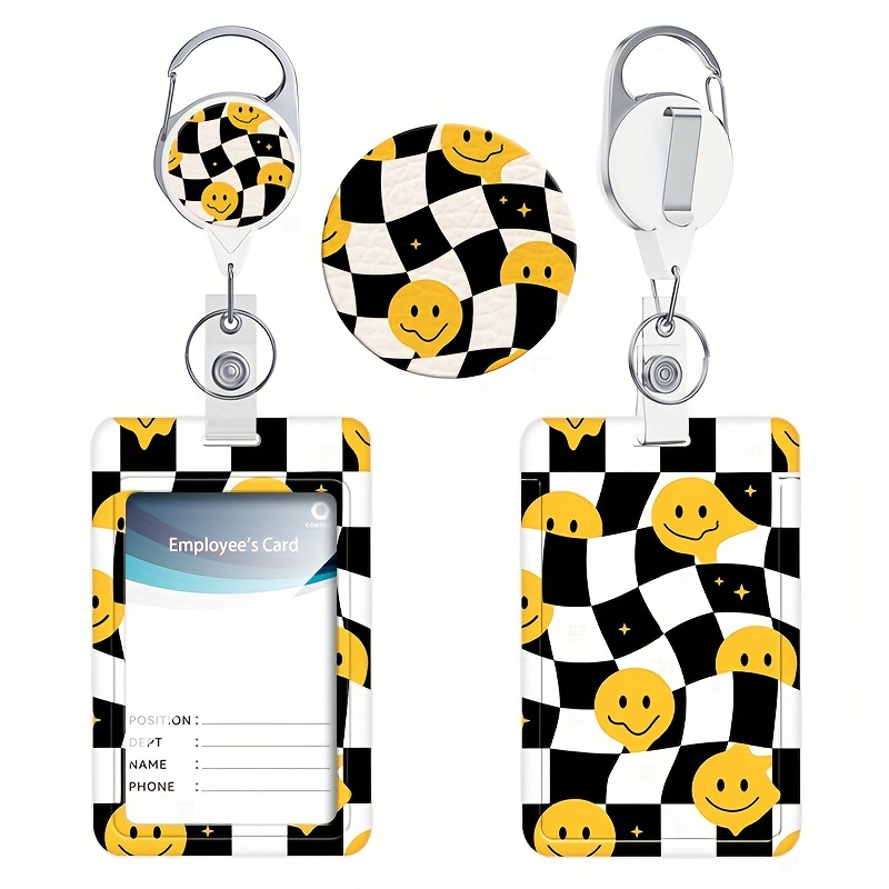 

Cheerful Face Pattern Retractable Badge Reel With Id Card Holder Set, Durable Plastic & Metal Black Yellow Checkered Design, For Office School Staff Use - Pack Of 1