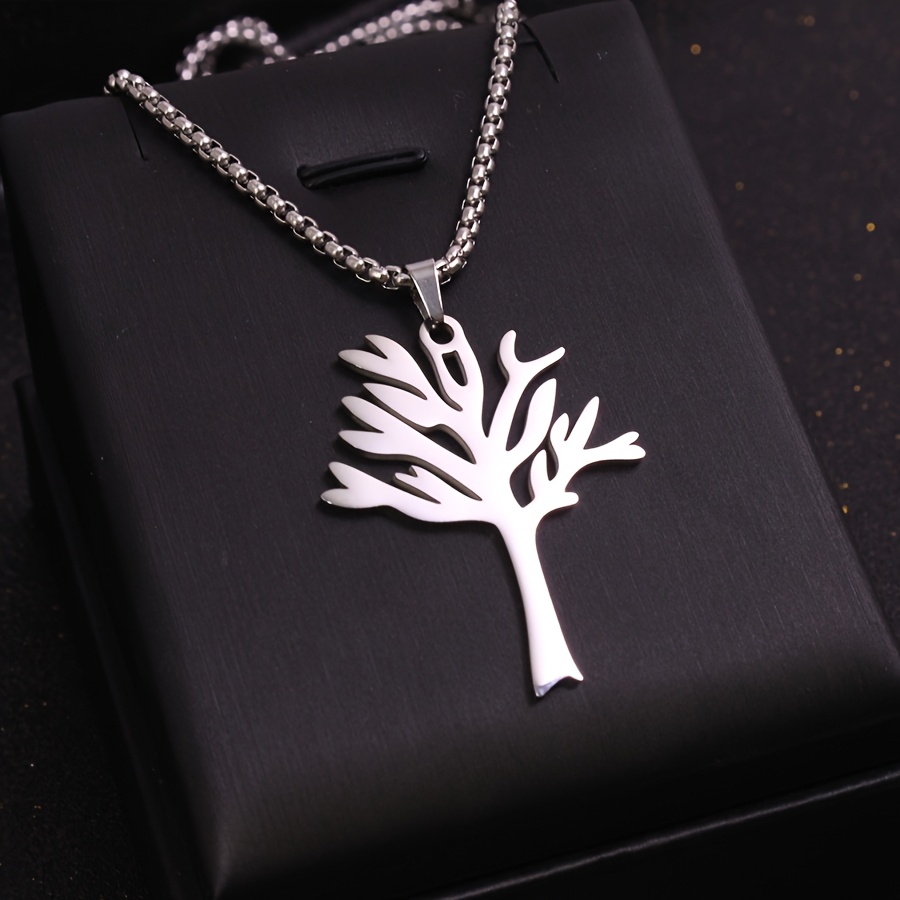 TEMU 1pc Hip-hop Tree Of Life Necklace - Heavy-duty Stainless Steel Interlocking With Golden & Leaf Pendant, Minimalist Jewelry For Teenager &